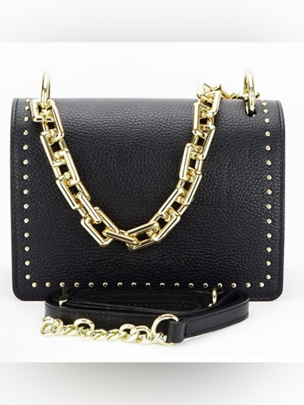 Persaman New York Black Leather Crossbody with Gold Chain Accents